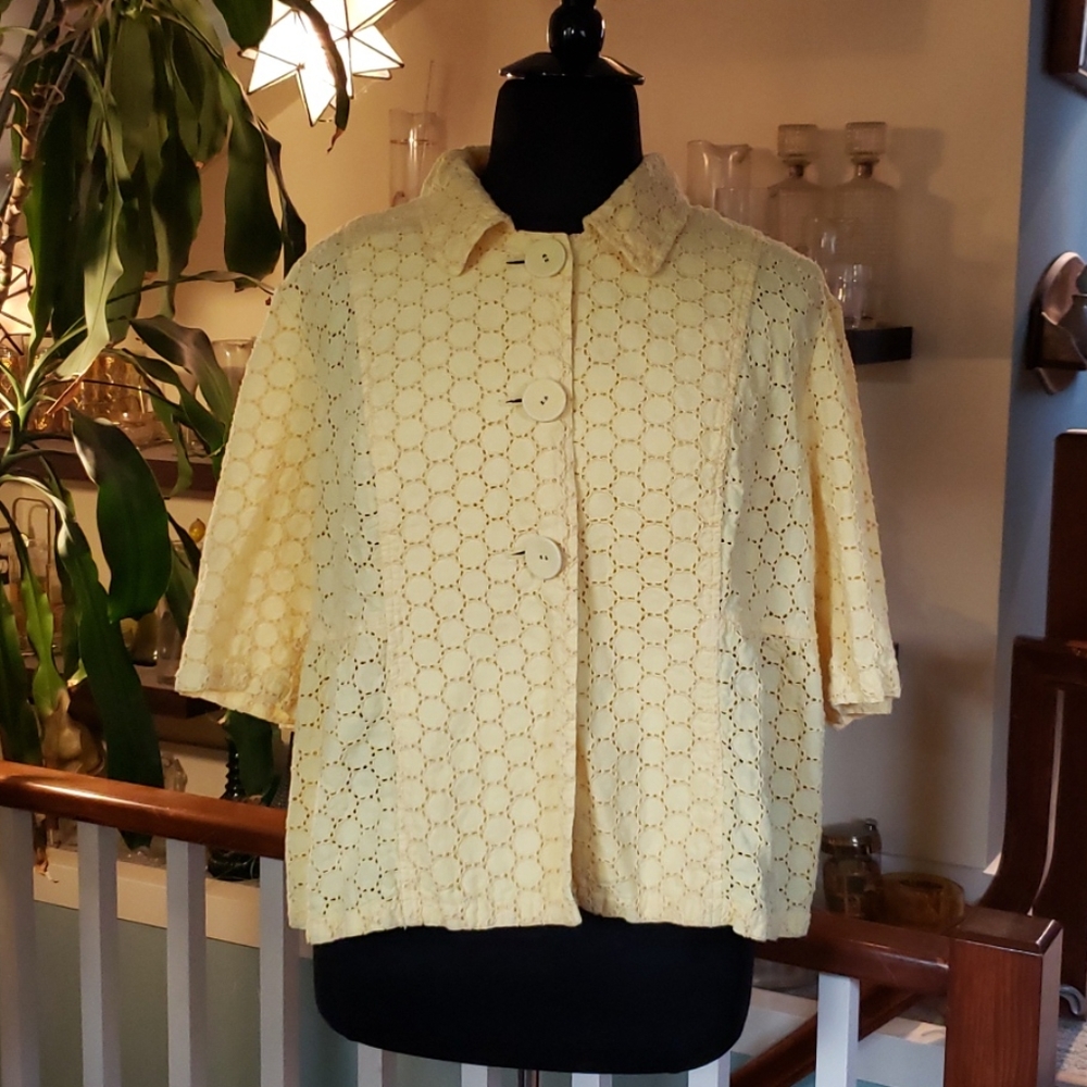 Style and Co Womens Yellow Eyelet Short Sleeve Swing Hem Top